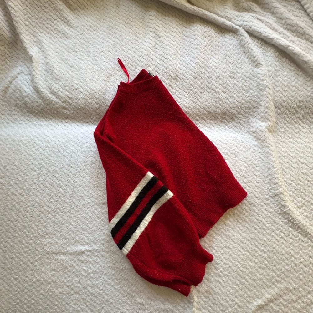 Red Sweater with Striped Sleeves
